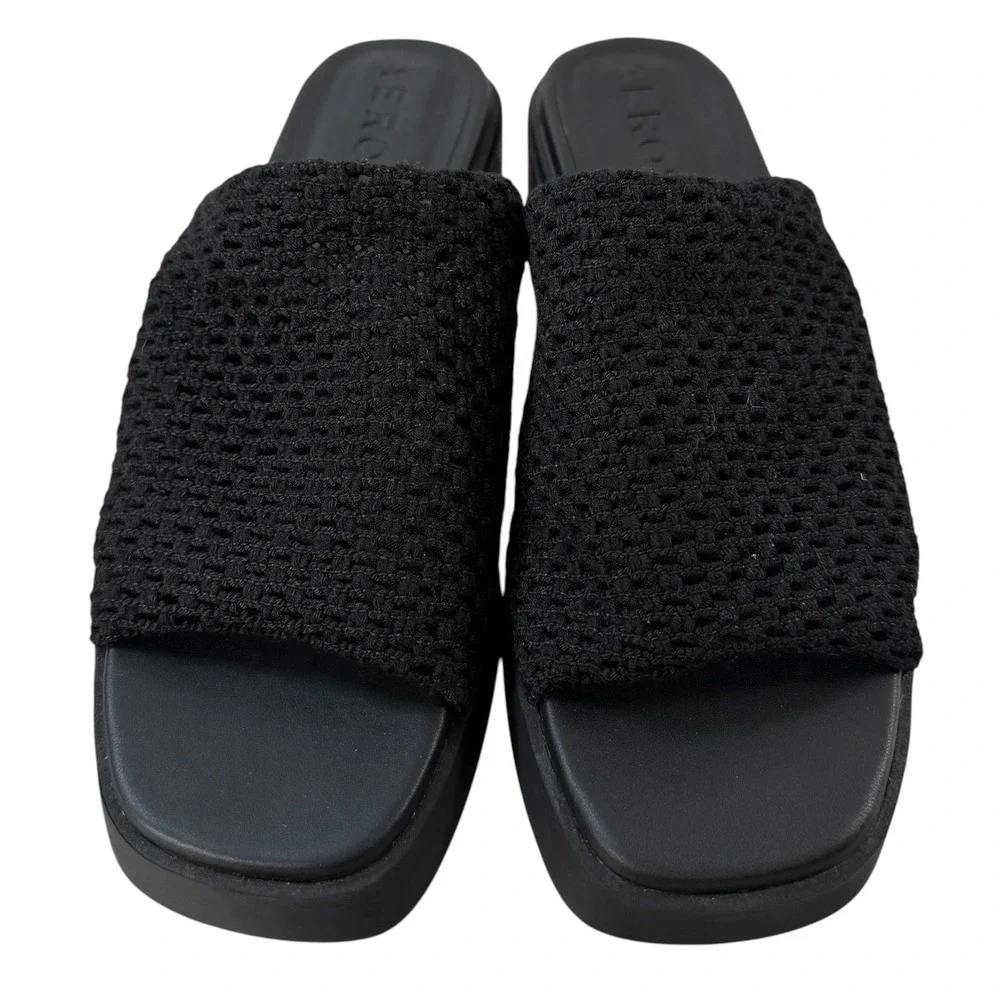 Aerosoles Denise Black Woven Platform Slide Sandals Square Toe Block Heel 8.5